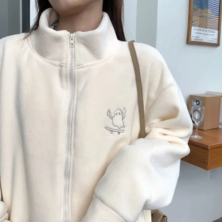 摇粒绒加绒刺绣外套秋冬季百搭宽松卫衣开衫韩版纯色甜美保暖绒衫