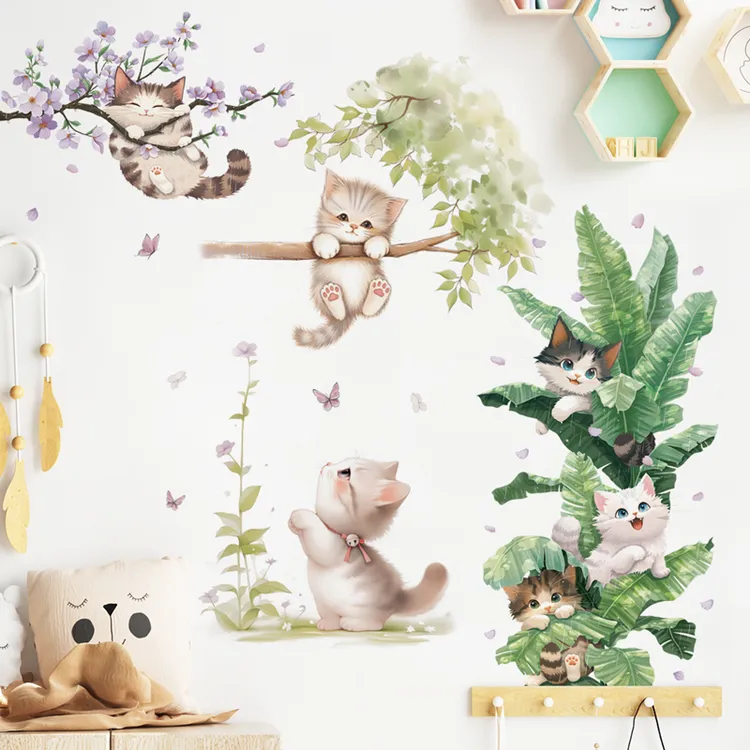 可爱猫咪芭蕉叶叠叠高墙贴纸自粘墙面装饰幼儿园儿童房卧室遮丑