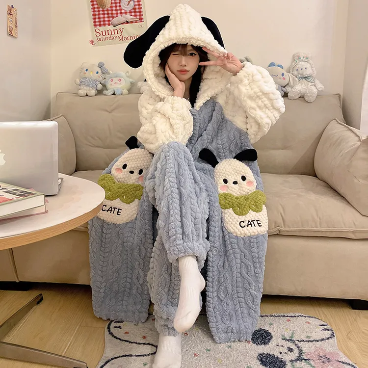 加绒加厚女童珊瑚绒睡袍2024新款秋冬季儿童睡衣帕恰狗家居服套装