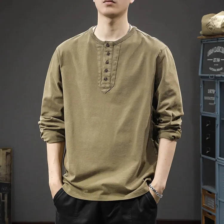 330g重磅纯棉长袖T恤男春秋大码潮牌美式宽松休闲亨利领打底衫潮