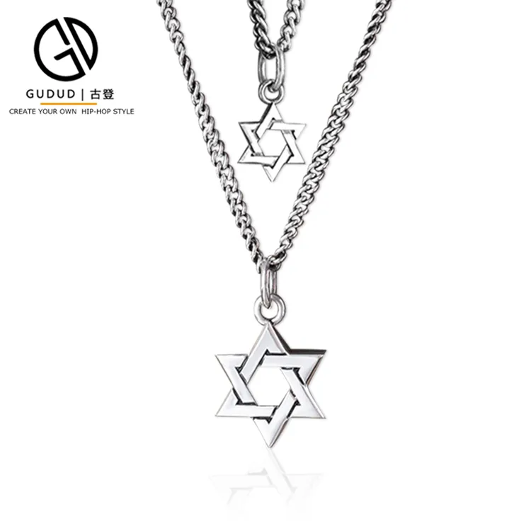 吊坠925银 王嘉尔张艺兴同款纯银六芒星项链潮嘻哈卫衣链个性摇滚