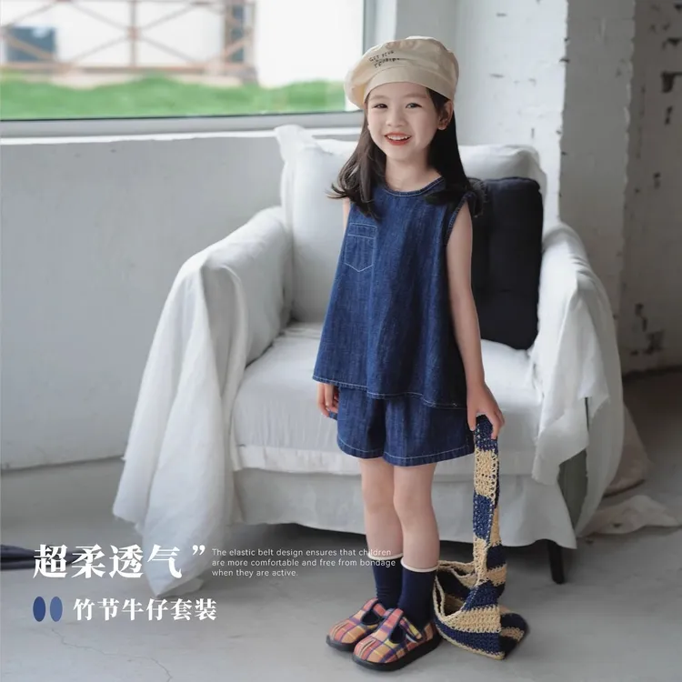 女童学院风套装2025夏季新款儿童百搭牛仔上衣休闲短裤两件套潮