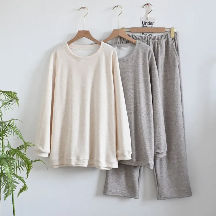 绵羊绒秋冬睡衣女加绒保暖米白色圆领套头简约情侣家居服睡衣套装