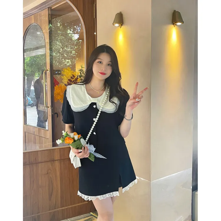 胖mm时尚新款减龄蕾丝花边法式小香风短袖半身裙套装女830