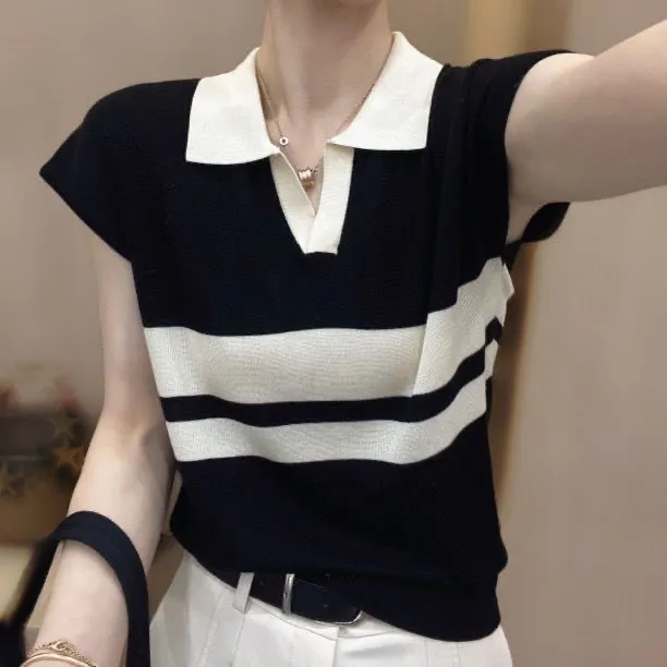 夏季冰丝针织衫polo领上衣女款大码显瘦薄款背心外穿条纹短袖t恤