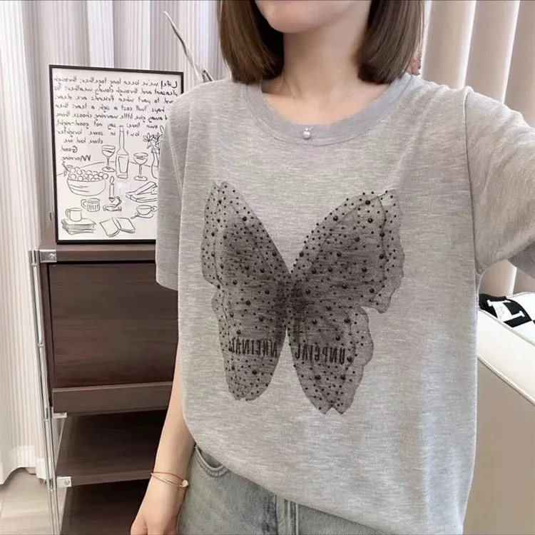 冰丝针织衫大码宽松胖mm女装夏季显瘦圆领薄款蝴蝶上衣短袖t恤潮