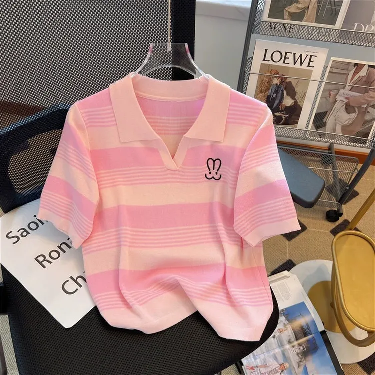 冰丝短袖上衣夏季polo领减龄条纹小衫大码宽松百搭薄款针织t恤女