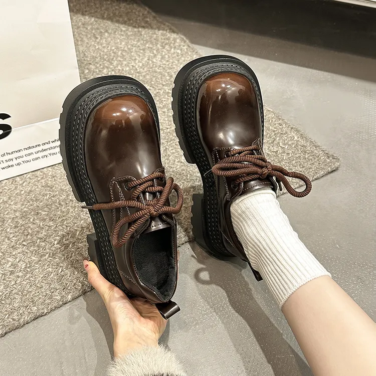 时尚系带厚底小皮鞋女英伦风圆头加绒松糕鞋百搭小个子增高乐福鞋