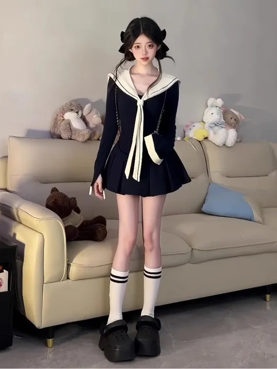 海派学院感~JK制服套装裙女秋冬辣妹海军领披肩上衣穿搭百褶裙子