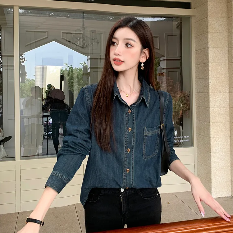 加绒牛仔衬衫女秋冬季高级感小个子休闲宽松叠穿打底衬衣上衣外套