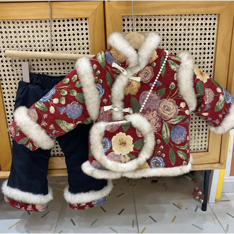 女童拜年服冬季2024新款加厚宝宝过新年衣服红色中国风旗袍裙唐装