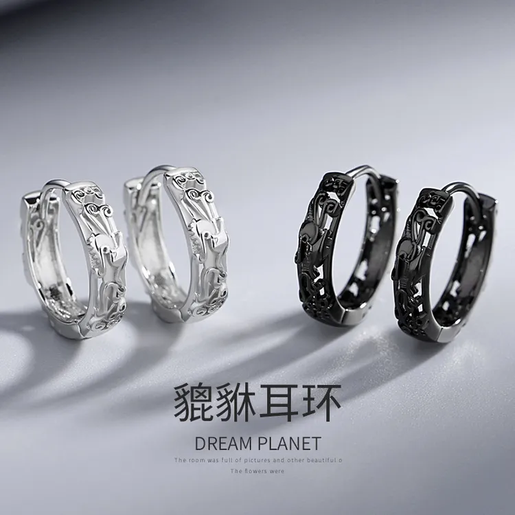 梵亚格 925银耳饰 貔貅耳环网红潮酷个性百搭小众高级感痞帅耳圈