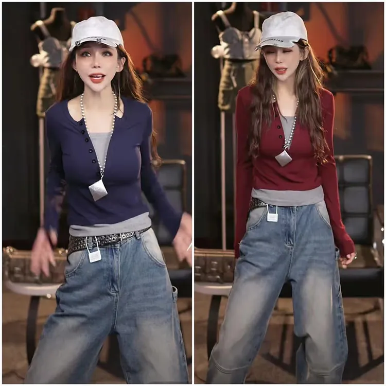 2024秋冬假两件撞色纽扣设计感长袖T恤女韩版修身显瘦小众上衣