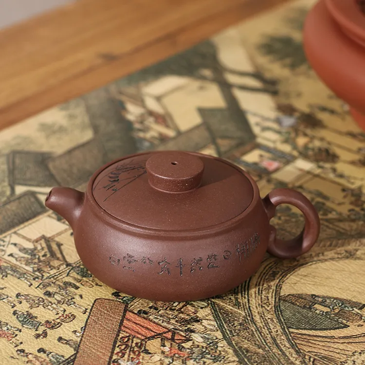 【晴紫阁】宜兴家用朱泥宽口壶潮州泡茶壶刻字三杯功夫茶工夫小茶壶