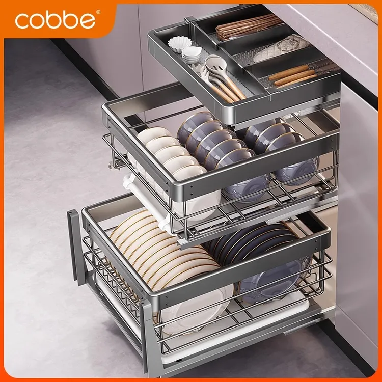 卡贝拉篮厨房橱柜304不锈钢双层抽屉式调味料收纳碗碟柜内置碗架