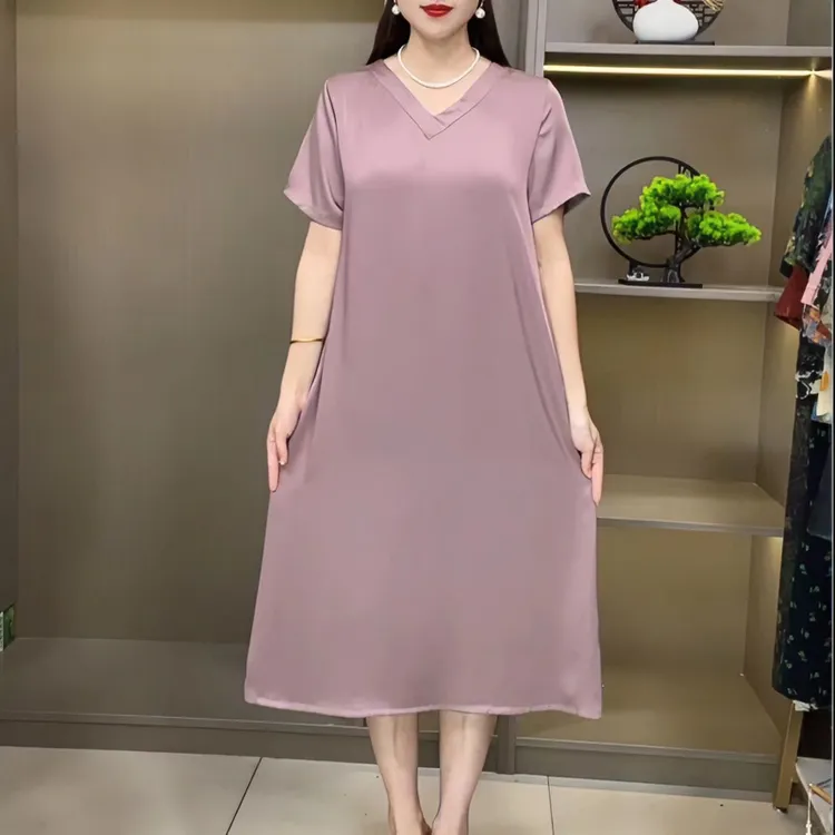 2024夏季新款妈妈装气质新款纯色V领大码连衣裙时尚宽松休闲简约
