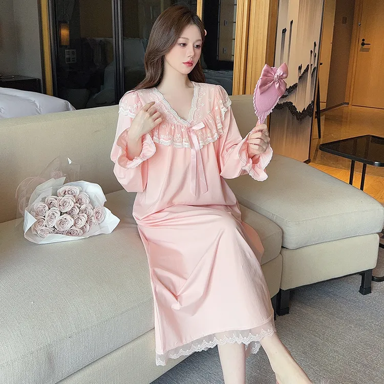 带胸垫睡衣女款纯棉春秋长袖女士长款睡裙高级感公主风蕾丝家居服