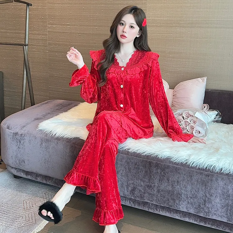 女士金丝绒睡衣女春秋长袖套装本命年红色家居服女款爆款2025新款