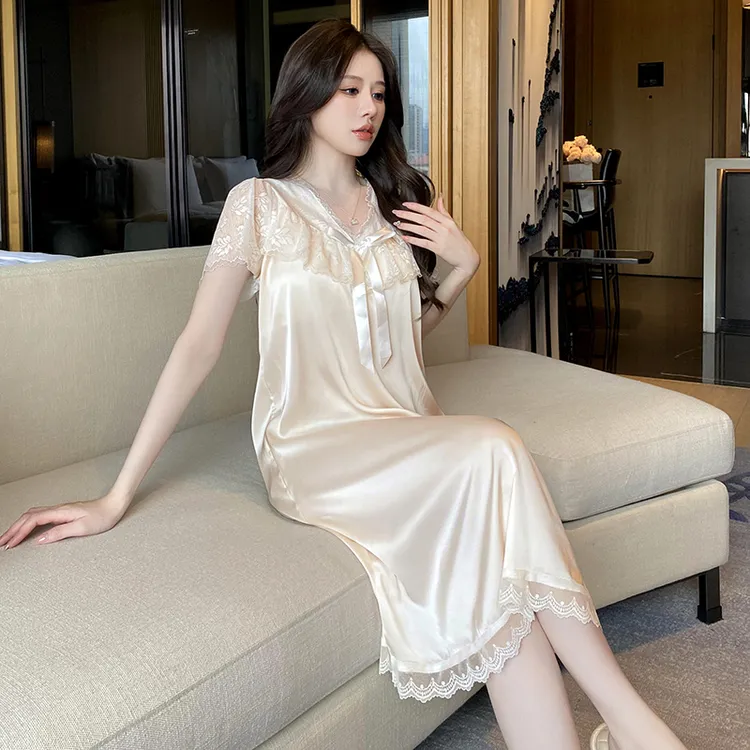 女士冰丝睡衣女款爆款2025新款网红蕾丝睡裙带胸垫家居服女可外穿