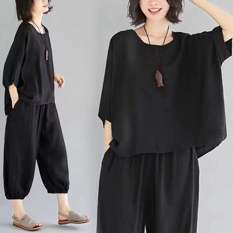 特大码女装夏季新款百搭棉麻短袖韩版时尚宽松休闲显瘦圆领两件套