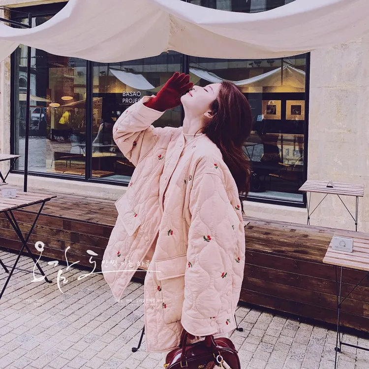 樱桃刺绣棉衣女2025冬季韩版宽松温柔粉色棉服外套潮甜美风保暖