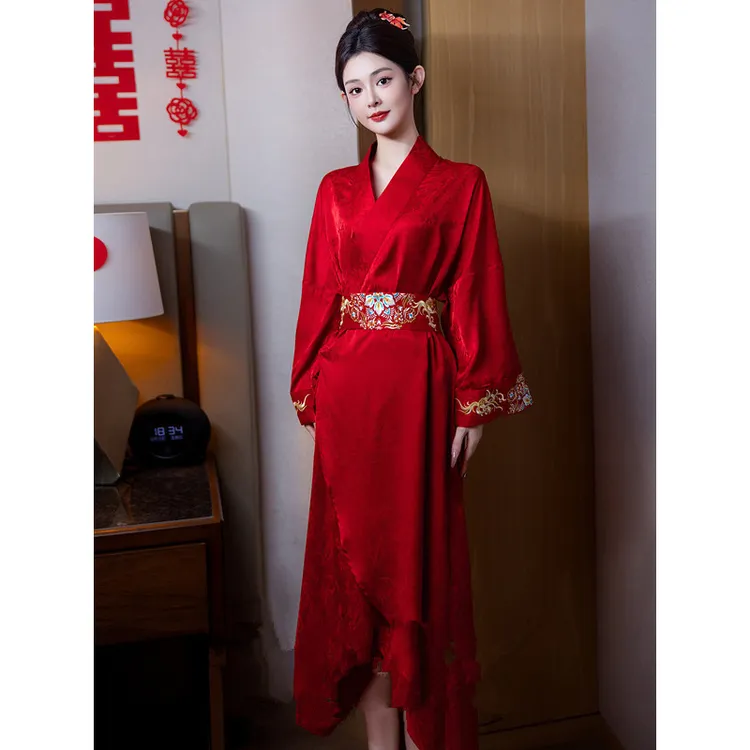 新中式晨袍女新娘结婚高级感睡袍红色本命年长款婚礼睡衣睡袍女潮