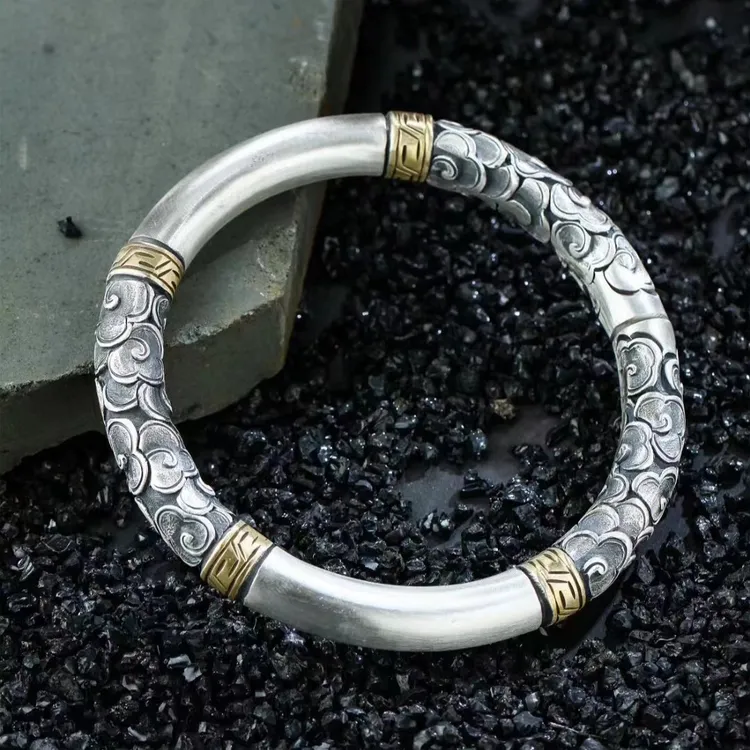 足银手镯 《银礼阁》手工足银祥云金箍棒手镯精雕四环棒高级手镯