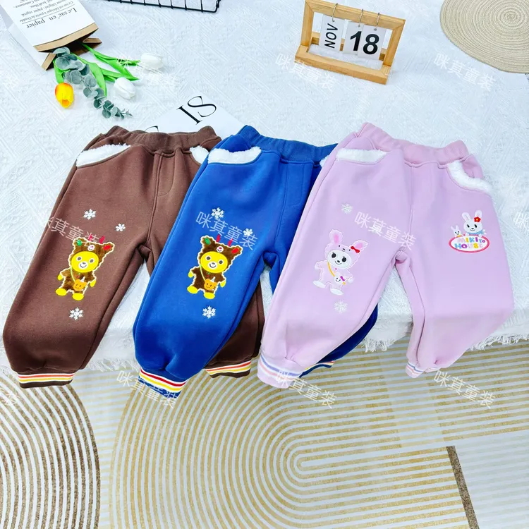 宝宝秋冬卡通刺绣雪花熊兔加绒加厚卫裤