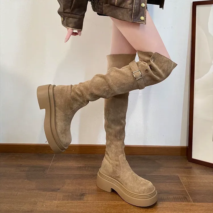 美拉德复古过膝长靴女秋冬厚底卡其色长筒靴翻折两穿高筒骑士靴子