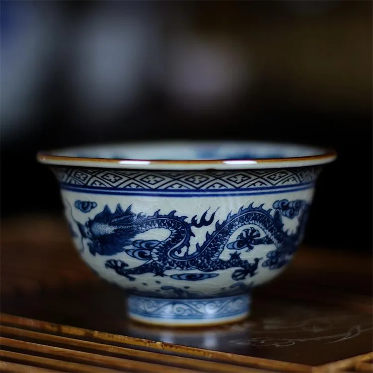 【龙纹压手杯】景德镇高温手工茶具老陶泥开片元宝青花主人杯垫