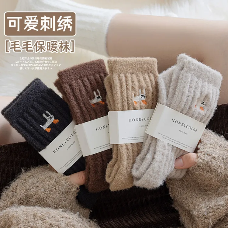 冬天厚袜子女秋冬季加绒保暖中筒袜ins潮日系可爱卡通长袜睡眠袜