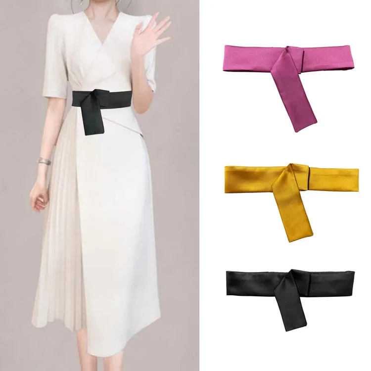 柔软加厚仿真丝腰带直条魔术贴设计紫色黄色黑色腰封小众设计收腰