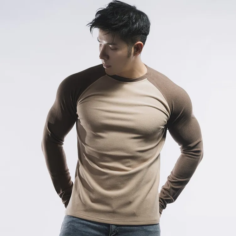 运动秋冬拼色插肩长袖t恤男健身休闲双面德绒圆领/小高领打底衣服