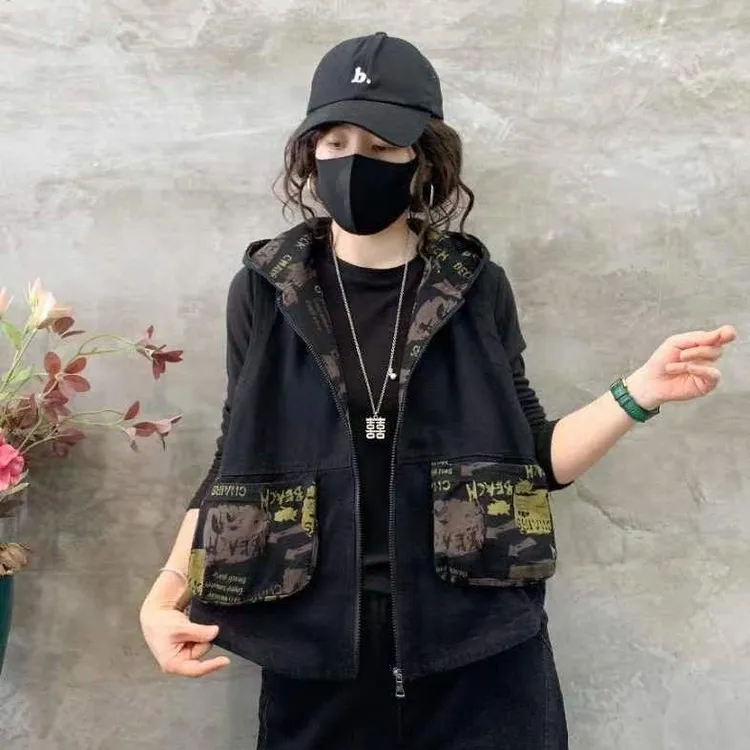复古拼色印花牛仔马甲秋季短款连帽马夹宽松显瘦牛仔背心马甲