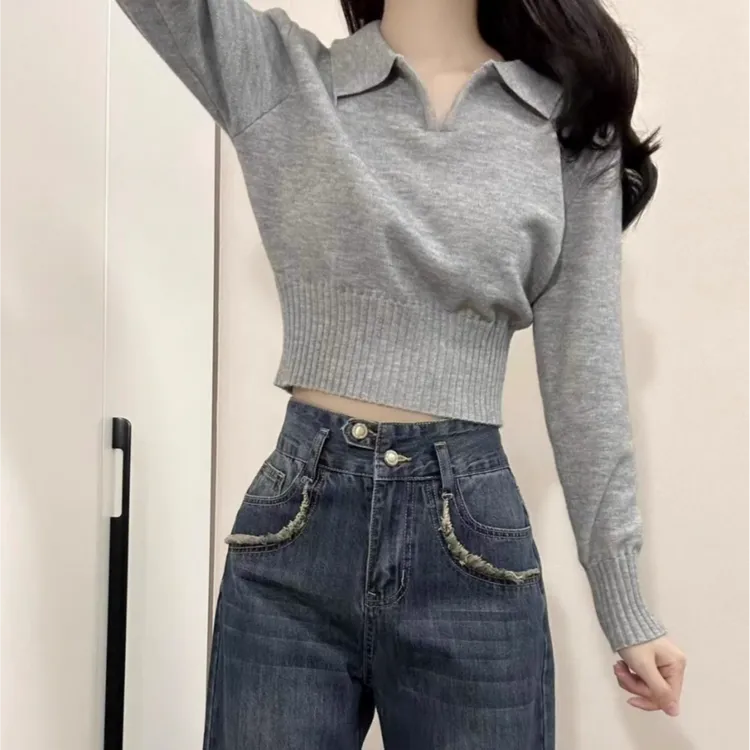 POLO针织打底衫女春秋高级感修身显瘦短款内搭v领上衣设计感毛衣