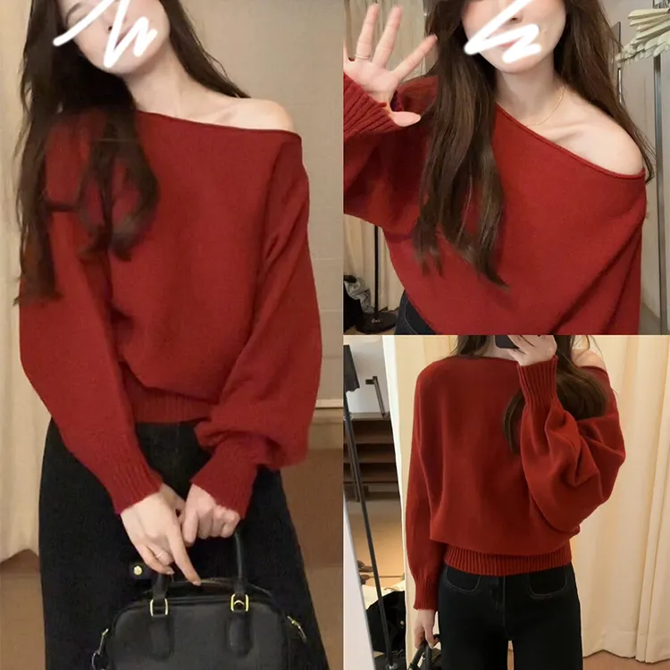 高级感复古红色斜肩针织衫毛衣女早秋2025新款慵懒宽松一字肩上衣