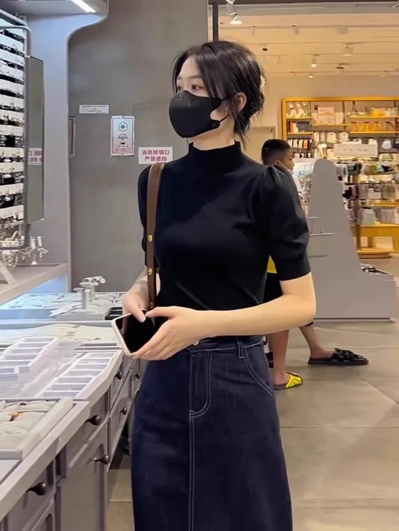 半高领泡泡袖中袖打底衫女夏季内搭修身上衣洋气新款五分袖针织衫