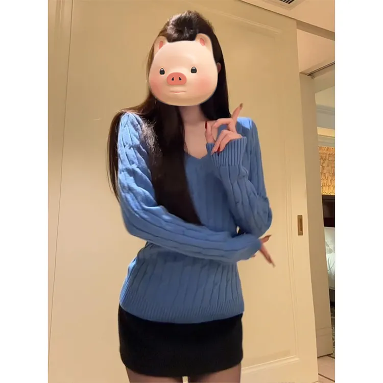 学院风蓝色V领套头麻花毛衣女款2025新款秋冬季慵懒风针织衫上衣