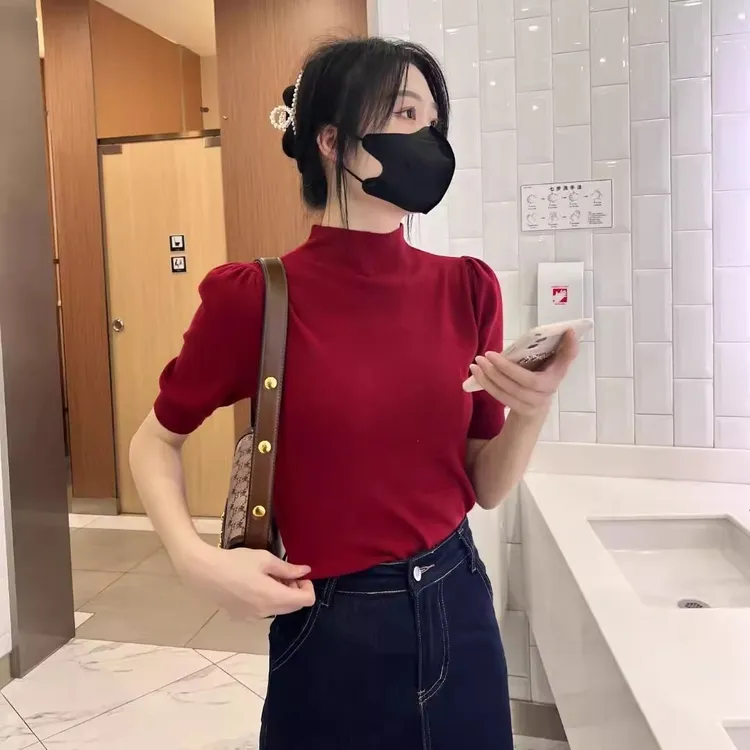 针织衫半高领女短袖2025夏季新款宽松百搭打底衫法式泡泡袖上衣潮