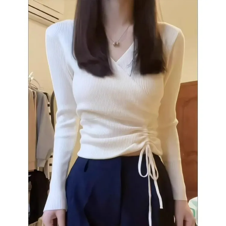 不规则设计抽绳V领针织毛衣女秋冬内搭打底衫修身别致绝美长袖女