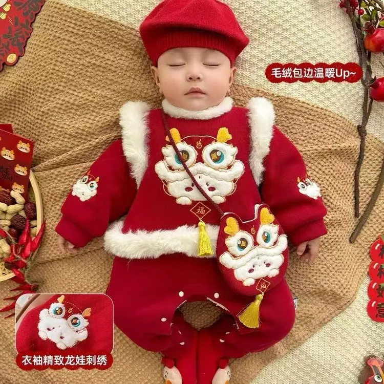 冬款婴儿连体衣加绒加厚男女宝宝红色喜庆哈衣周岁礼服刺绣拜年服