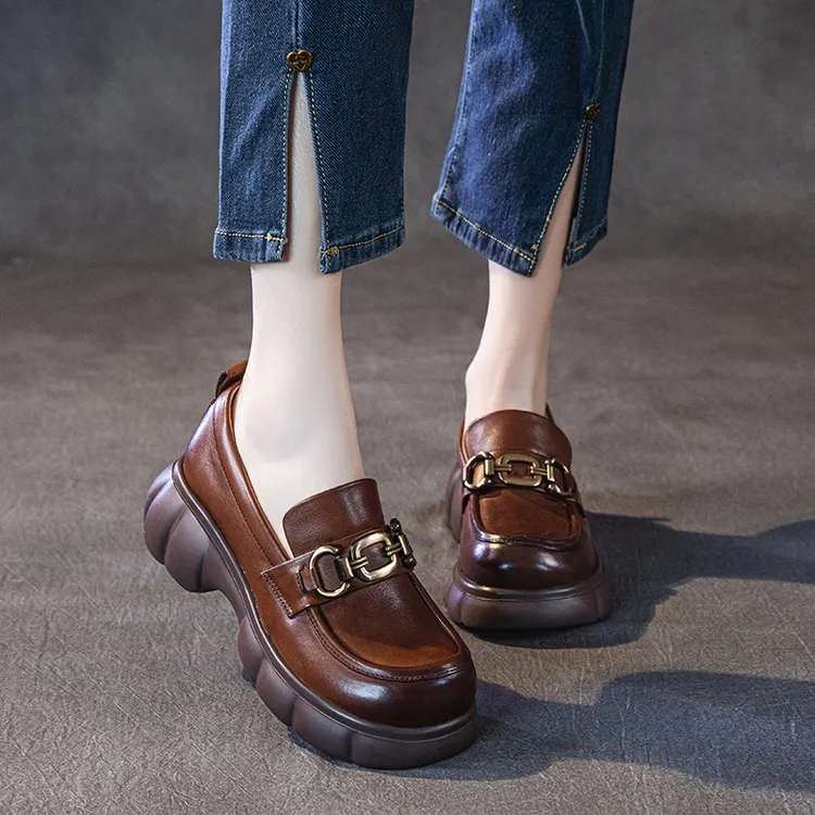 [老曾手工】头层牛皮乐福鞋女2025春季复古英伦风厚底松糕鞋女单鞋