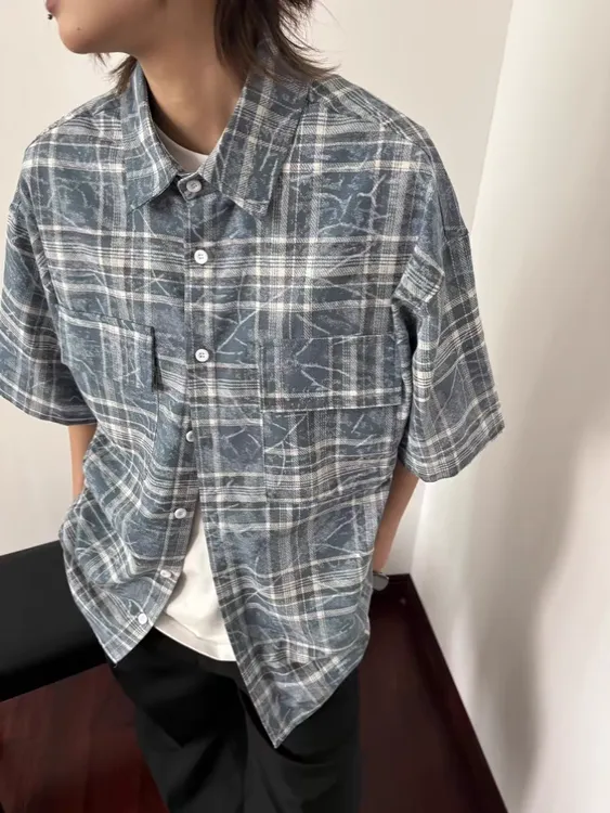 美式潮牌格子裂纹扎染短袖衬衫女新款夏季翻领百搭衬衣男休闲半袖