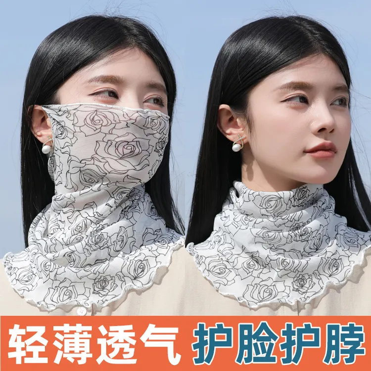 围脖丝巾女蕾丝网纱夏季防晒护脸纱巾套头护颈百搭时尚脖套薄面纱