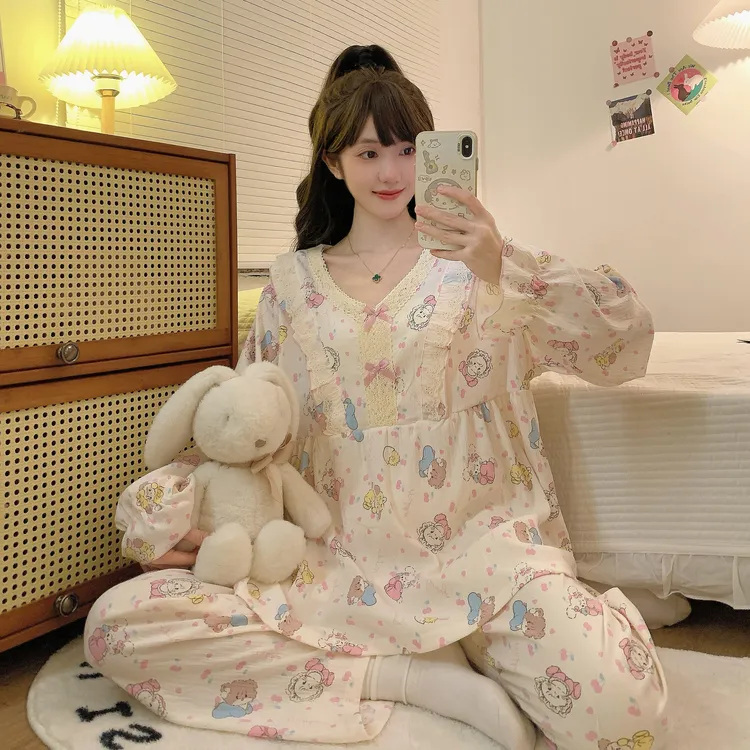 大码春秋ins长袖V领日系学生甜美可爱mikko印花宽松家居服两件套