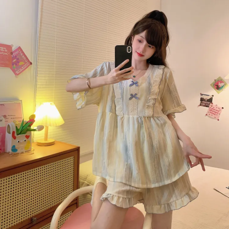 大码睡衣女可穿到250斤套装宽松甜美版型短袖短裤花边ins睡衣套装