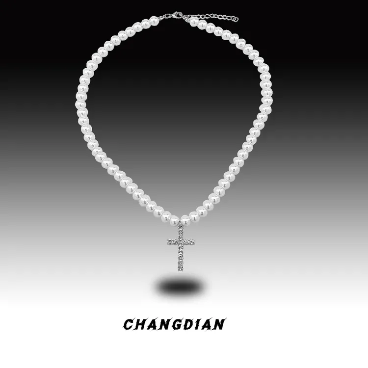 合金仿珍珠项链 小众轻奢十字架男潮欧美风高街ins嘻哈锁骨链女款