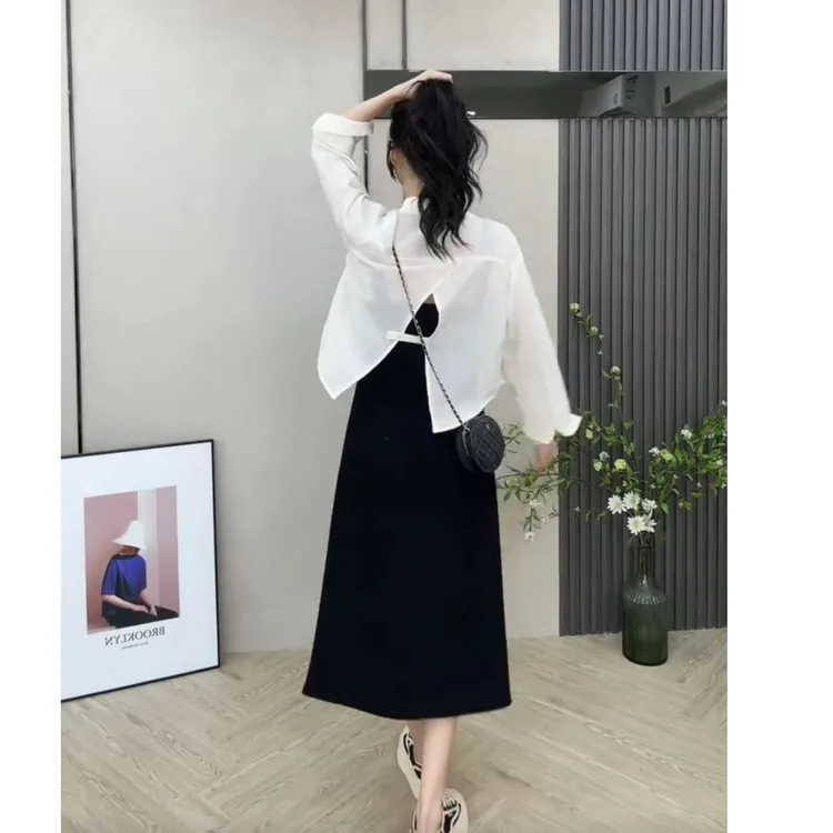 休闲吊带连衣裙套装女夏季时尚新款后背开叉衬衫配短裙两件套裙子