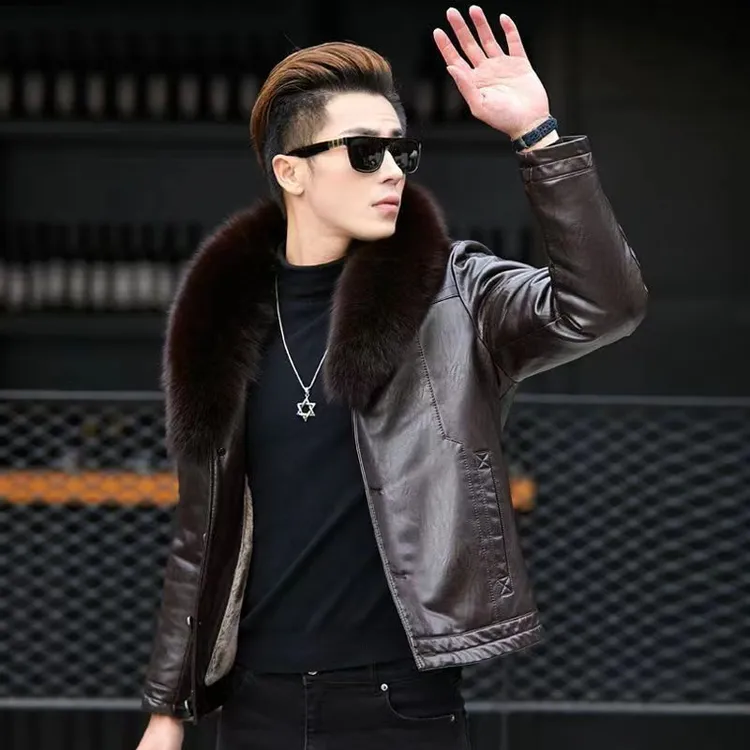 海宁真皮皮衣男皮毛一体短款修身加绒加厚时尚保暖潮流外套装韩版
