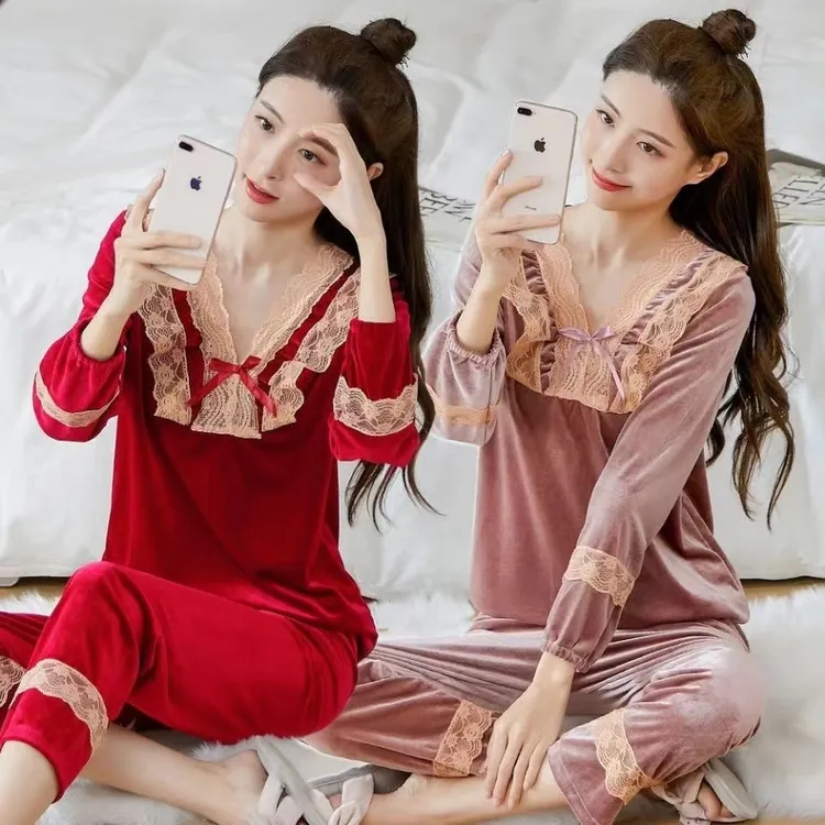 韩版时尚女金丝红色本命年蕾丝大码睡衣女套装新款长袖套装家居服